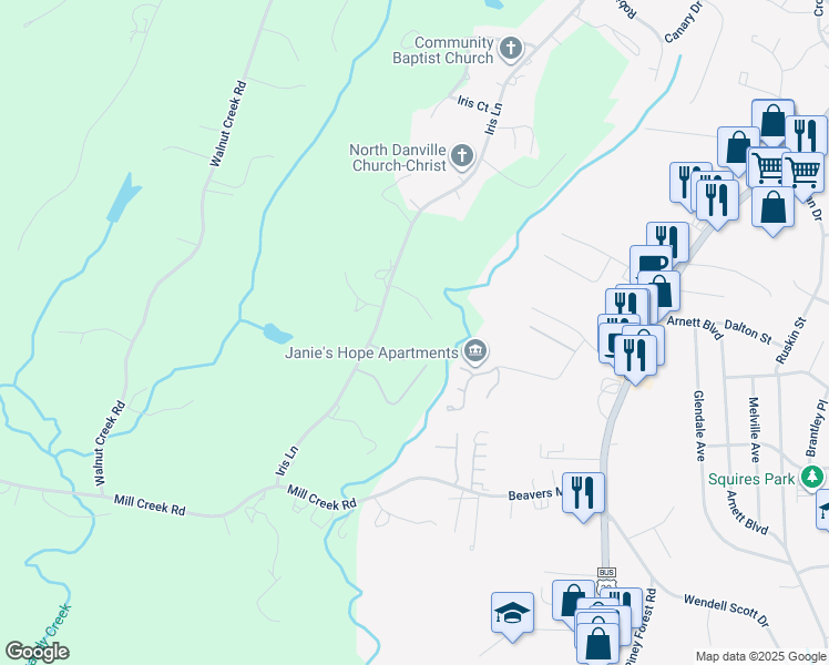 map of restaurants, bars, coffee shops, grocery stores, and more near 277 Iris Lane in Danville