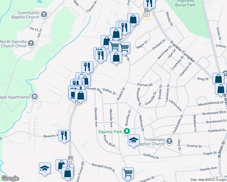map of restaurants, bars, coffee shops, grocery stores, and more near 174 Dalton Street in Danville