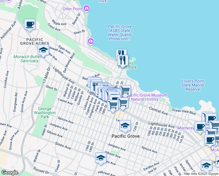 map of restaurants, bars, coffee shops, grocery stores, and more near 131 19th Street in Pacific Grove