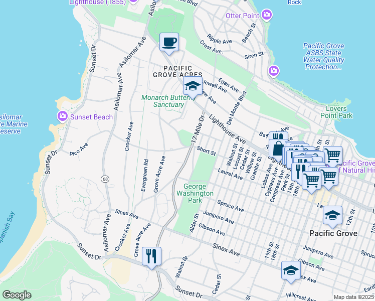map of restaurants, bars, coffee shops, grocery stores, and more near in Pacific Grove