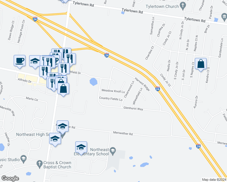 map of restaurants, bars, coffee shops, grocery stores, and more near 3717 Meadow Ridge Lane in Clarksville