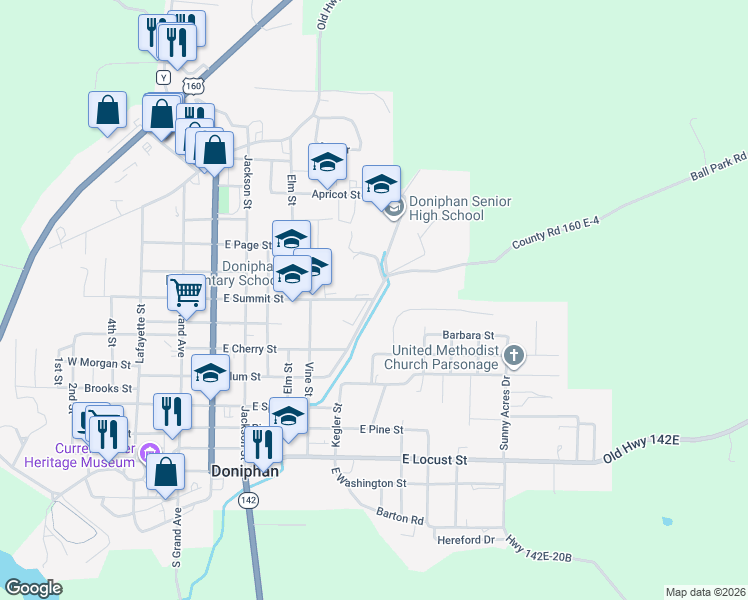 map of restaurants, bars, coffee shops, grocery stores, and more near 817 Summitt Terrace in Doniphan