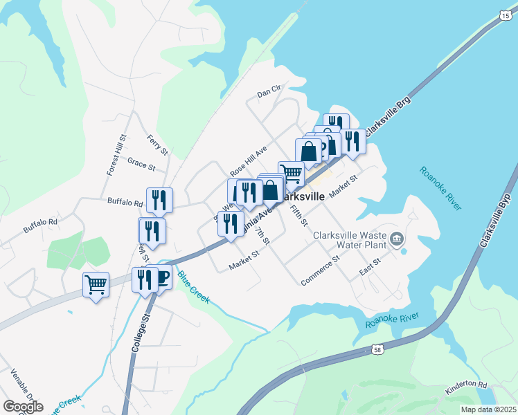 map of restaurants, bars, coffee shops, grocery stores, and more near 110-198 6th Street in Clarksville