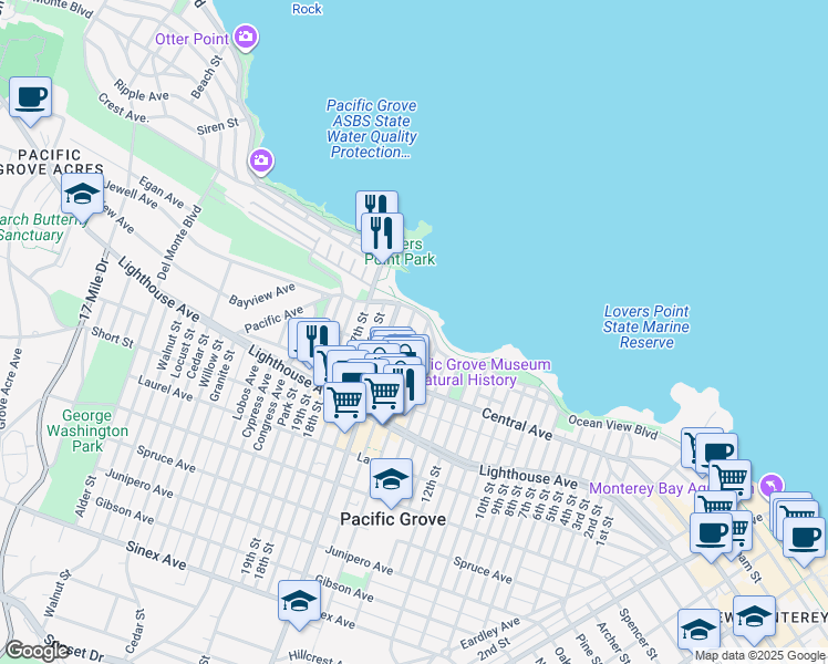 map of restaurants, bars, coffee shops, grocery stores, and more near 555 Ocean View Boulevard in Pacific Grove