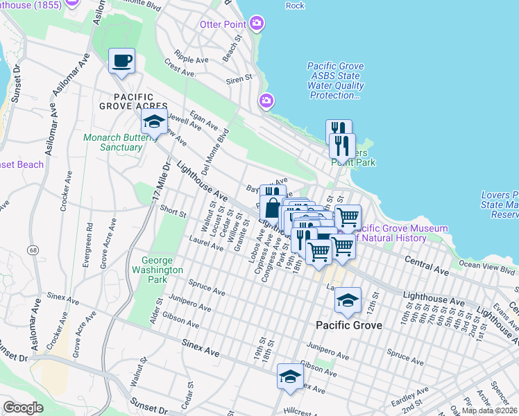map of restaurants, bars, coffee shops, grocery stores, and more near 179 Pacific Avenue in Pacific Grove