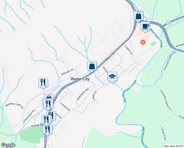 map of restaurants, bars, coffee shops, grocery stores, and more near 340 Main Street in Weber City