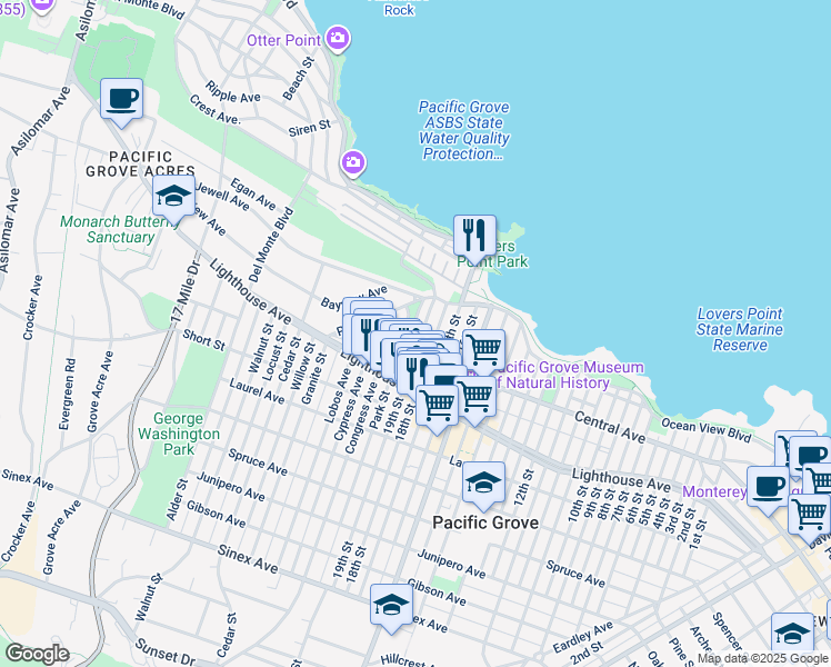 map of restaurants, bars, coffee shops, grocery stores, and more near 693 Union Street in Pacific Grove
