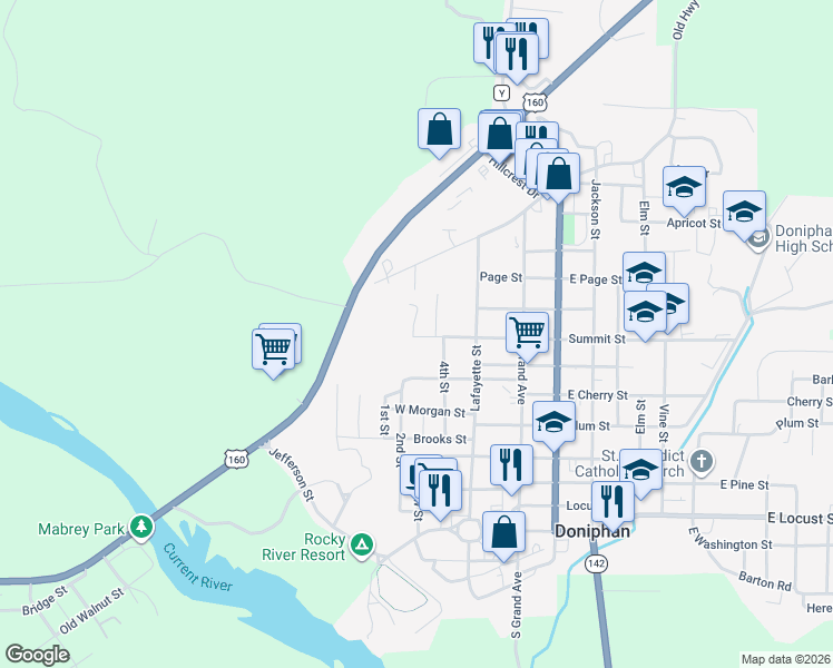 map of restaurants, bars, coffee shops, grocery stores, and more near 817 Summitt Terrace in Doniphan