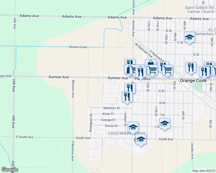 map of restaurants, bars, coffee shops, grocery stores, and more near 1535 Park Boulevard in Orange Cove