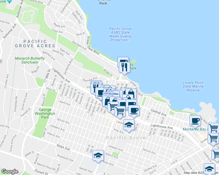 map of restaurants, bars, coffee shops, grocery stores, and more near 19th Street & Union Street in Pacific Grove