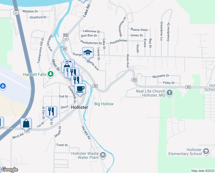 map of restaurants, bars, coffee shops, grocery stores, and more near 313-349 Hawthorne in Hollister
