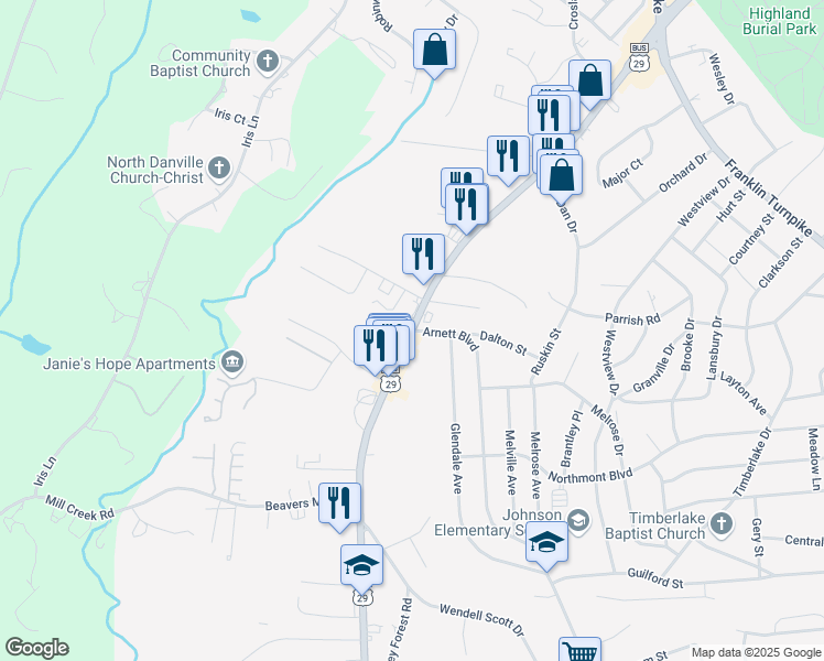map of restaurants, bars, coffee shops, grocery stores, and more near 98 Arnett Boulevard Exd in Danville