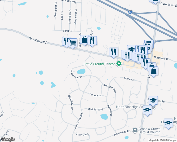 map of restaurants, bars, coffee shops, grocery stores, and more near 3848 Man O War Boulevard in Clarksville