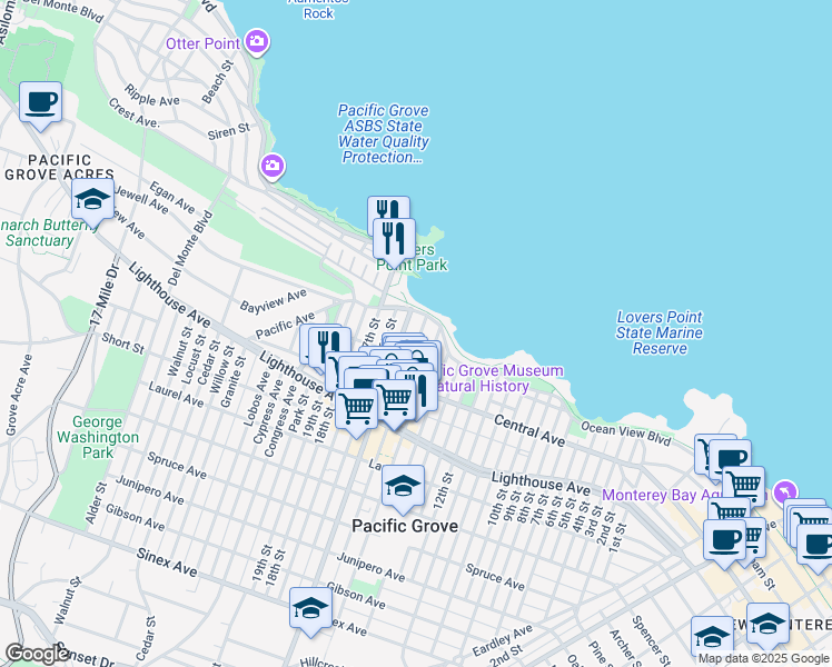 map of restaurants, bars, coffee shops, grocery stores, and more near 555 Ocean View Boulevard in Pacific Grove