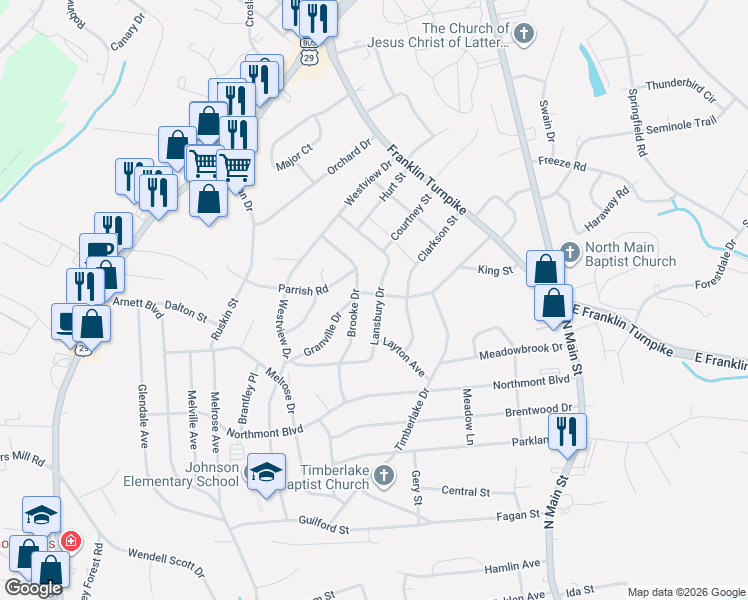 map of restaurants, bars, coffee shops, grocery stores, and more near 501 Lansbury Drive in Danville