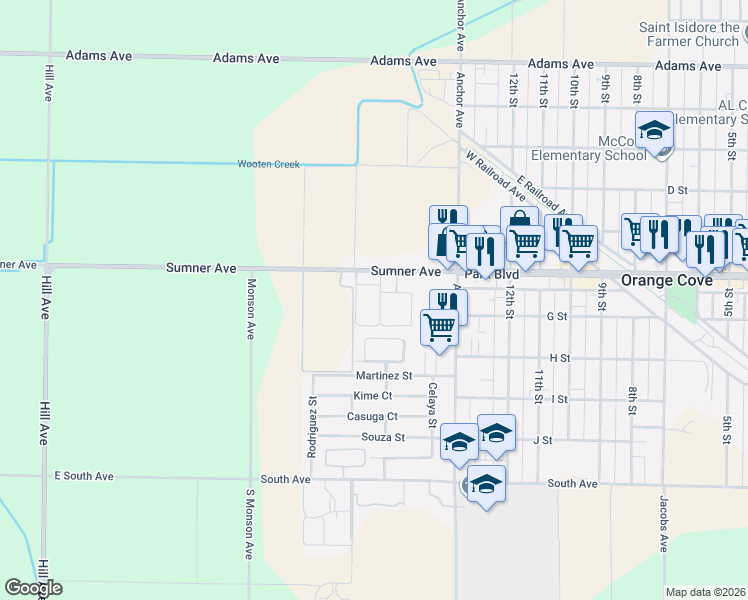 map of restaurants, bars, coffee shops, grocery stores, and more near 1535 Park Boulevard in Orange Cove