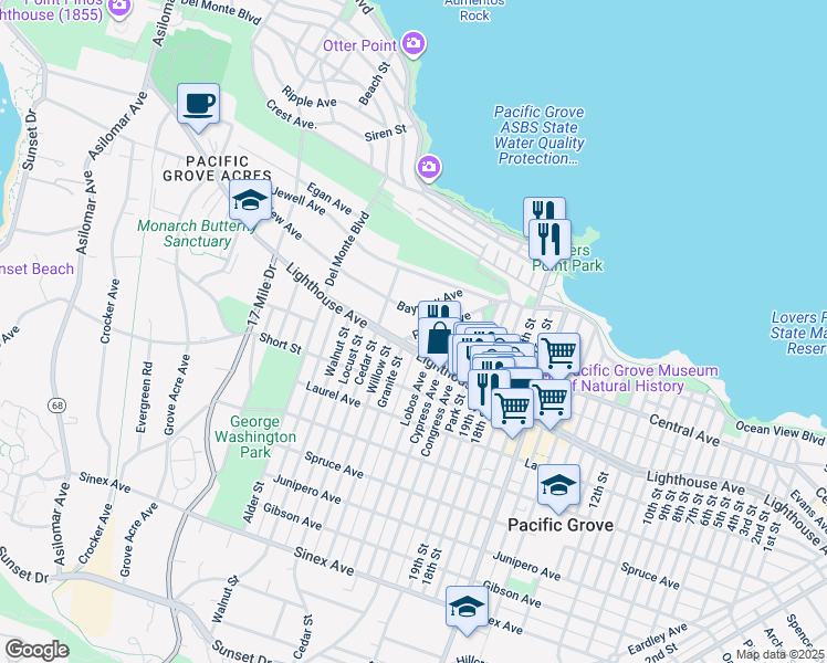 map of restaurants, bars, coffee shops, grocery stores, and more near 180 Pacific Avenue in Pacific Grove