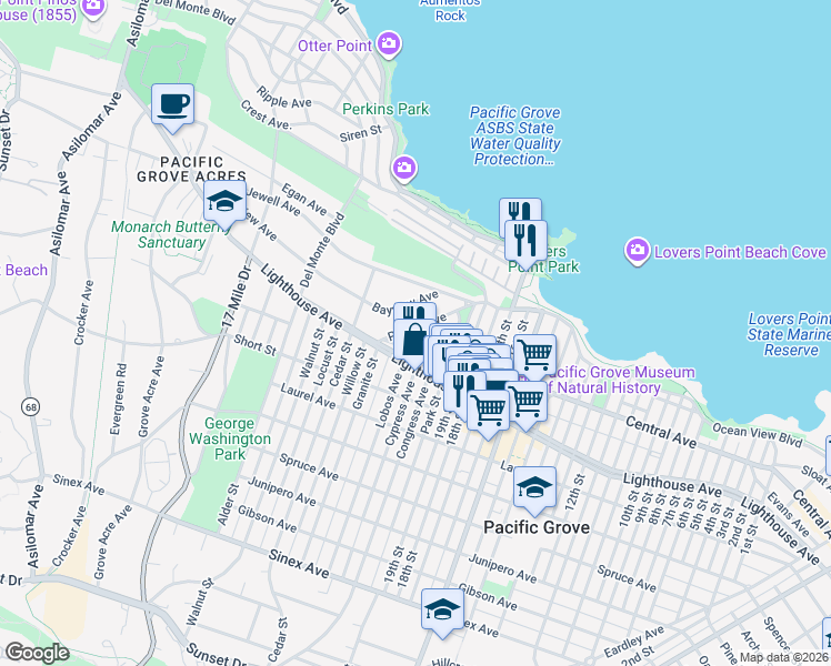 map of restaurants, bars, coffee shops, grocery stores, and more near 161 Pacific Avenue in Pacific Grove