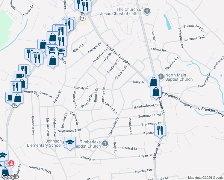 map of restaurants, bars, coffee shops, grocery stores, and more near 399 Clarkson Drive in Danville