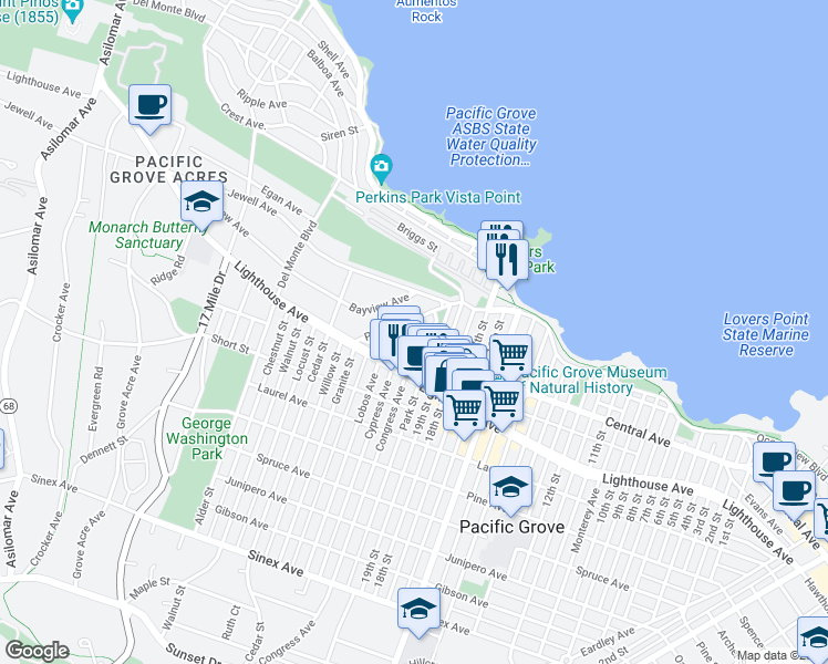map of restaurants, bars, coffee shops, grocery stores, and more near 105 20th Street in Pacific Grove