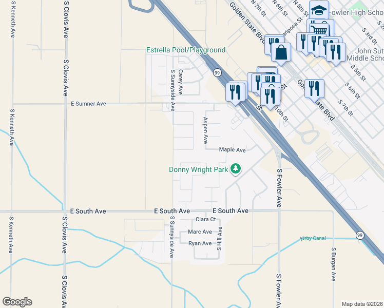 map of restaurants, bars, coffee shops, grocery stores, and more near 1113 Maple Avenue in Fowler
