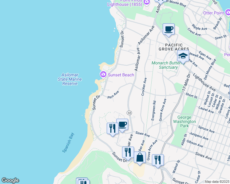 map of restaurants, bars, coffee shops, grocery stores, and more near 1492 Pico Avenue in Pacific Grove