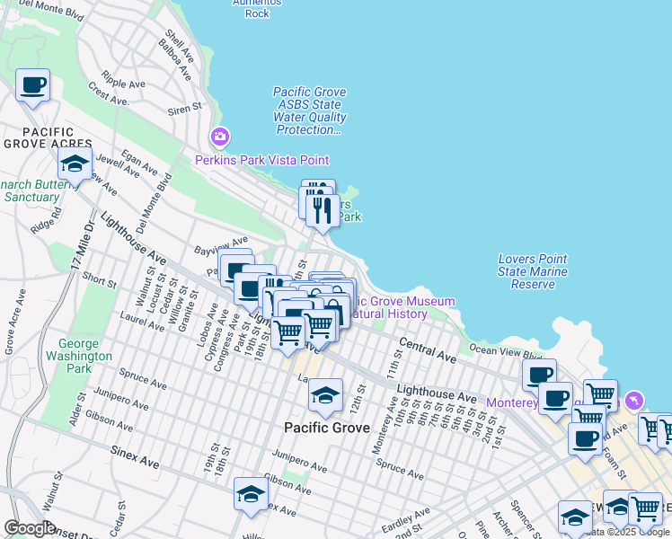 map of restaurants, bars, coffee shops, grocery stores, and more near 555 Ocean View Boulevard in Pacific Grove