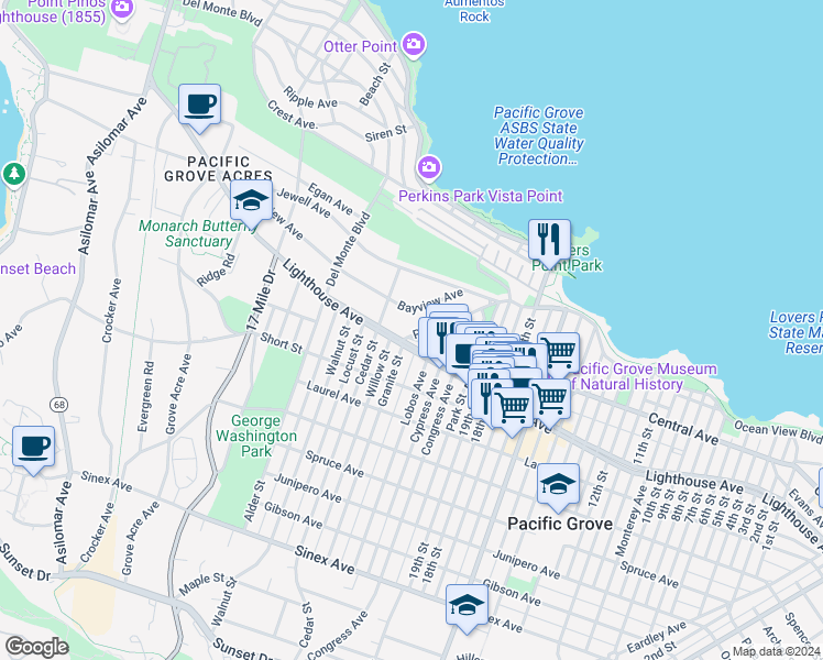 map of restaurants, bars, coffee shops, grocery stores, and more near 792 Lighthouse Avenue in Pacific Grove