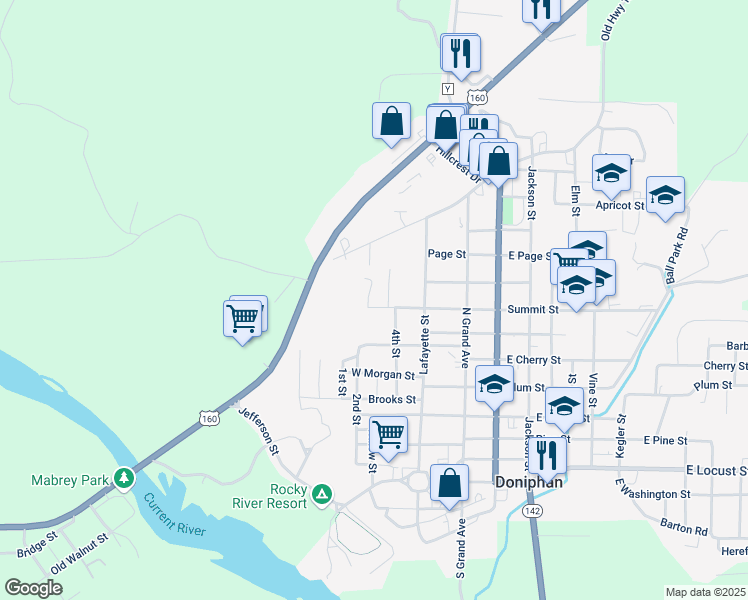map of restaurants, bars, coffee shops, grocery stores, and more near 817 Summitt Terrace in Doniphan