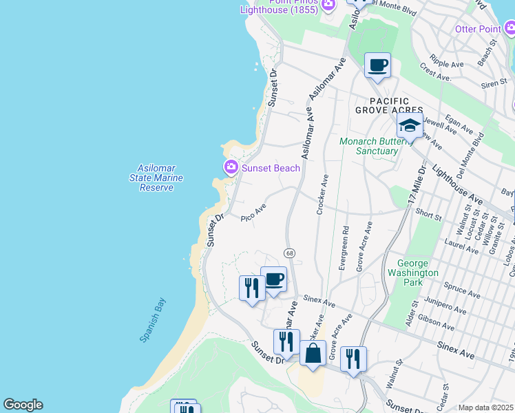 map of restaurants, bars, coffee shops, grocery stores, and more near 1492 Pico Avenue in Pacific Grove
