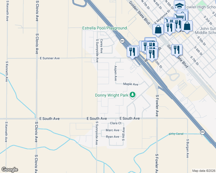 map of restaurants, bars, coffee shops, grocery stores, and more near 1113 Maple Avenue in Fowler