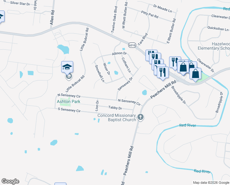 map of restaurants, bars, coffee shops, grocery stores, and more near 2398 Senseney Drive in Clarksville