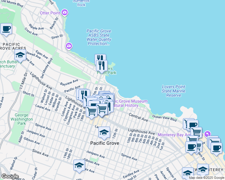 map of restaurants, bars, coffee shops, grocery stores, and more near 555 Ocean View Boulevard in Pacific Grove