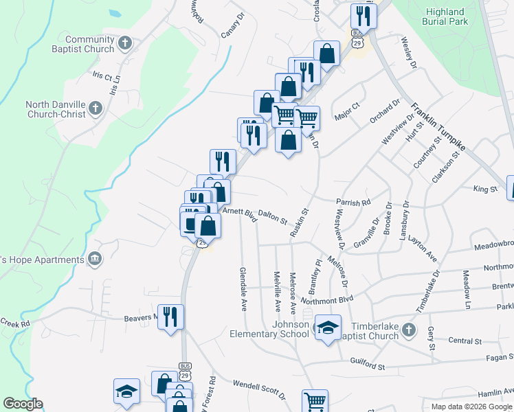 map of restaurants, bars, coffee shops, grocery stores, and more near 156 Lovelace Drive in Danville