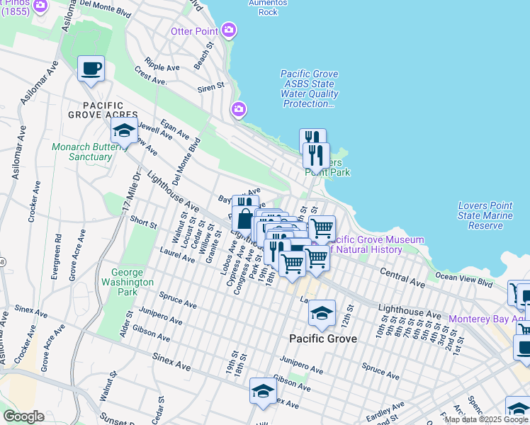 map of restaurants, bars, coffee shops, grocery stores, and more near 693 Union Street in Pacific Grove