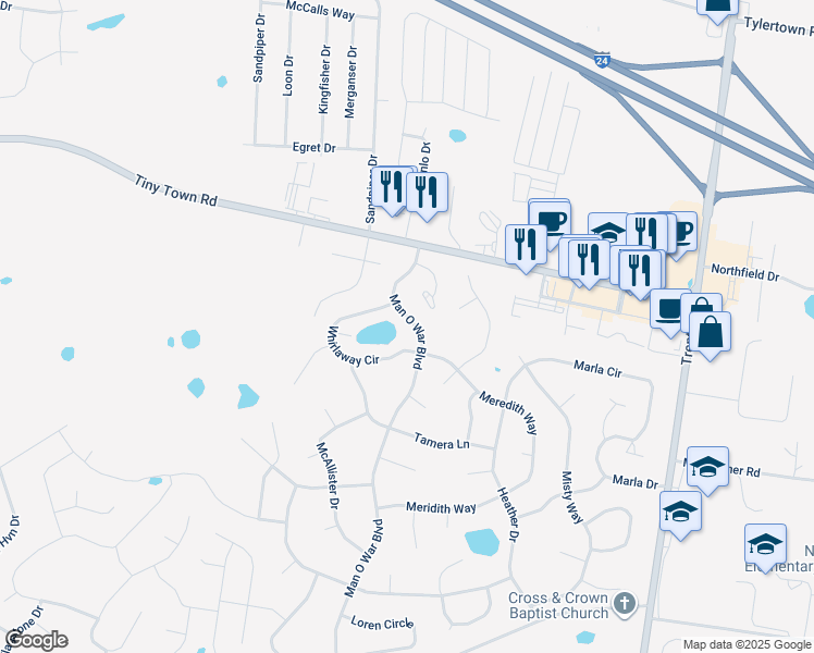 map of restaurants, bars, coffee shops, grocery stores, and more near 3850 Man O War Boulevard in Clarksville