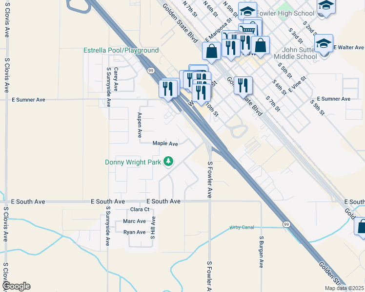 map of restaurants, bars, coffee shops, grocery stores, and more near 949 Maple Avenue in Fowler