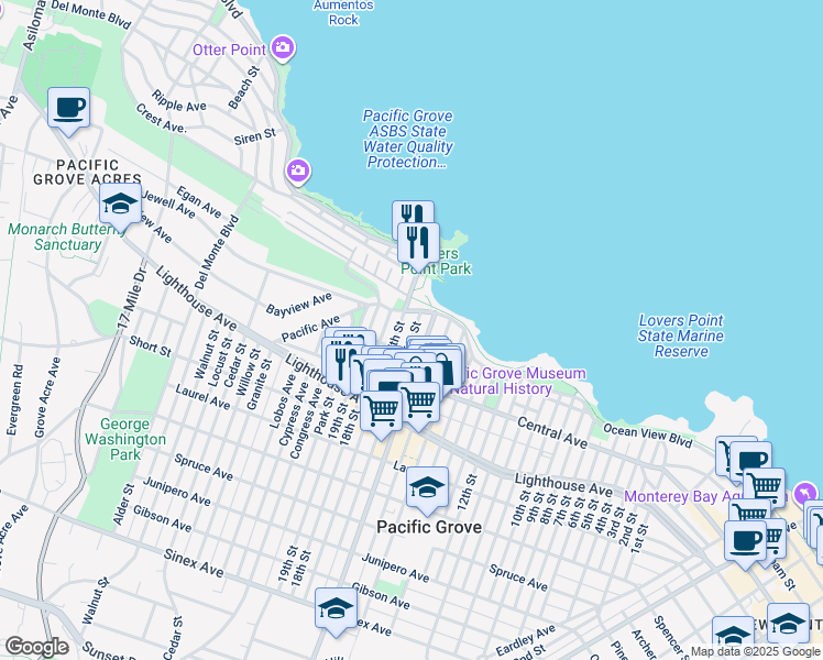map of restaurants, bars, coffee shops, grocery stores, and more near 109 16th Street in Pacific Grove