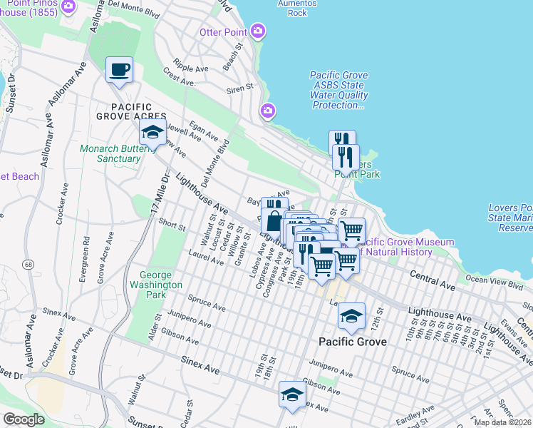 map of restaurants, bars, coffee shops, grocery stores, and more near 162 Pacific Avenue in Pacific Grove