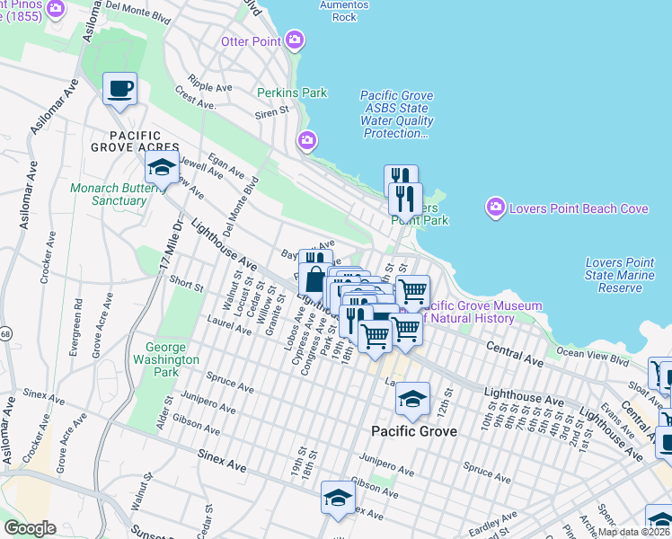 map of restaurants, bars, coffee shops, grocery stores, and more near 705 Union Street in Pacific Grove