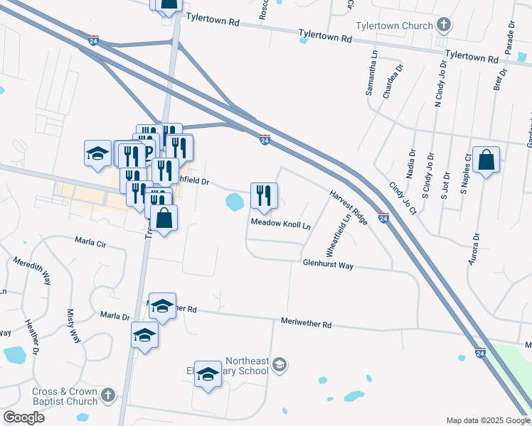 map of restaurants, bars, coffee shops, grocery stores, and more near 3714 Meadow Ridge Lane in Clarksville
