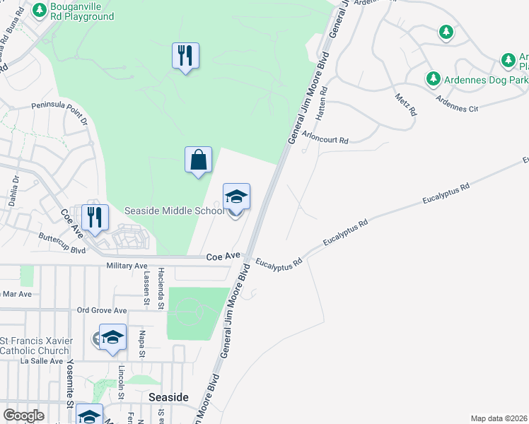 map of restaurants, bars, coffee shops, grocery stores, and more near General Jim Moore Boulevard in Seaside