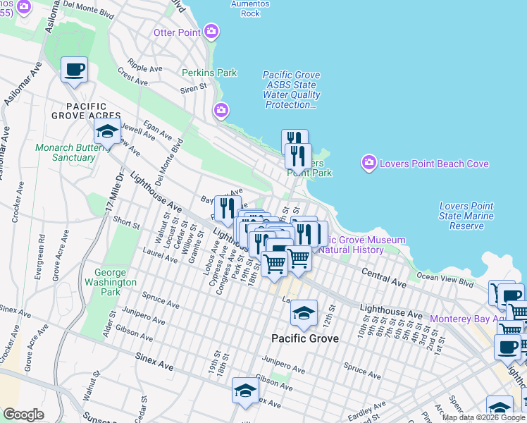 map of restaurants, bars, coffee shops, grocery stores, and more near 114 18th Street in Pacific Grove