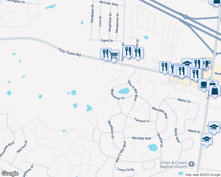 map of restaurants, bars, coffee shops, grocery stores, and more near 1943 Whirlaway Circle in Clarksville