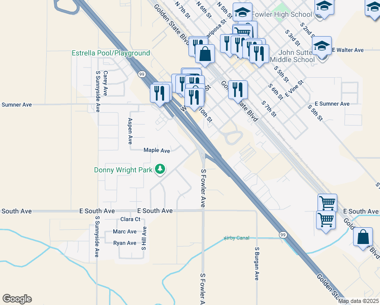 map of restaurants, bars, coffee shops, grocery stores, and more near 237 Palm Court in Fowler