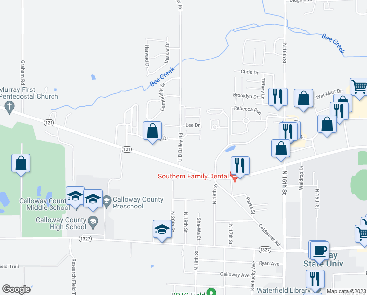 map of restaurants, bars, coffee shops, grocery stores, and more near 104 U B Bailey Road in Murray