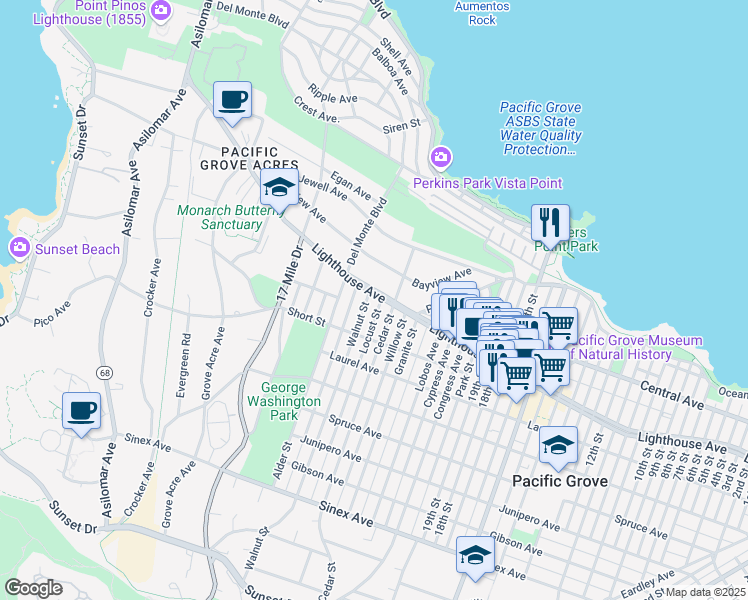 map of restaurants, bars, coffee shops, grocery stores, and more near 845 Lighthouse Avenue in Pacific Grove