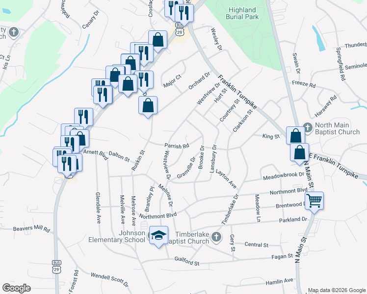 map of restaurants, bars, coffee shops, grocery stores, and more near 150 Parrish Road in Danville