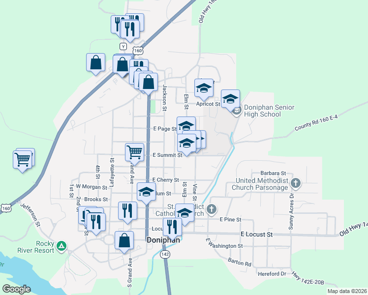 map of restaurants, bars, coffee shops, grocery stores, and more near 903 Elm Street in Doniphan
