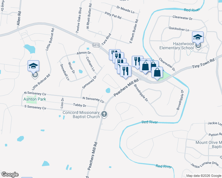 map of restaurants, bars, coffee shops, grocery stores, and more near 3263 Veranda Circle in Clarksville